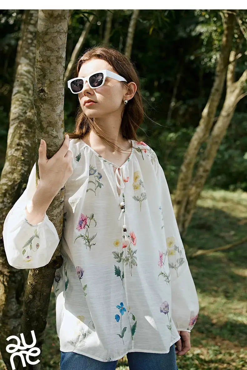 TOYOUTH Women Blouse Shirt 2025 Spring New Linen Floral Printed Velvet Casual Pullover Tops BAZAARHUBO