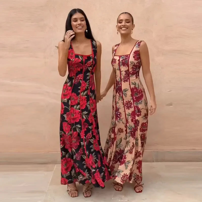Sexy Printed Flower Long Women's Dress Sleeveless Waist-Closed Slash Neck Lady Dresses Summer Sling Vacation Holiday Robe