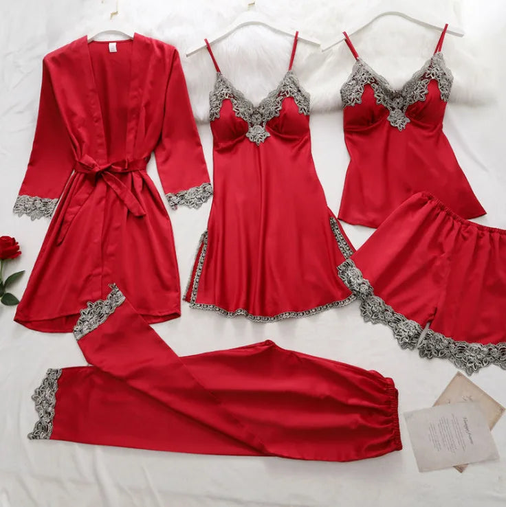 Girls Fashionable Sexy Pajamas Women's Erotic Set 5-piece Set Sexy Lace Lingerie Ladies Loungewear Set Cocktail Party Lace Skirt