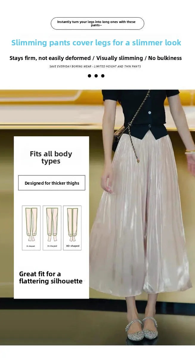 Summer Flowing Ice Silk Wide Leg Pants Women's plus Size Slimming Miniature Eighteen Skirt Pants High Waist Straight Leg Pants
