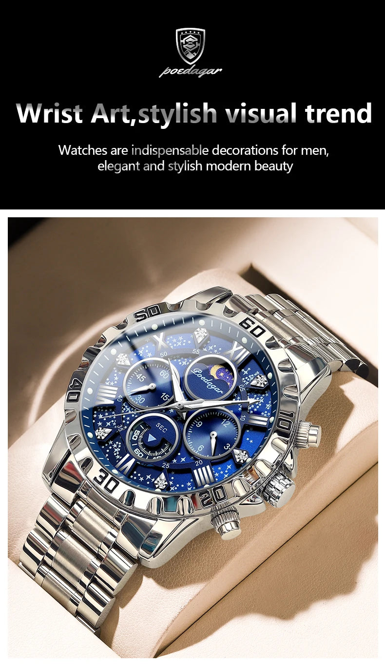 POEDAGAR Trendy Men Watch Chronograph Waterproof Luminous Stainless Steel Man Wristwatch Luxury Business Quartz Watches For Men
