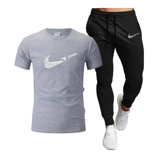 Summer Sports Men's Jogging Pure cotton T-shirt + thin long Pants 2-piece breathable and quick-drying set