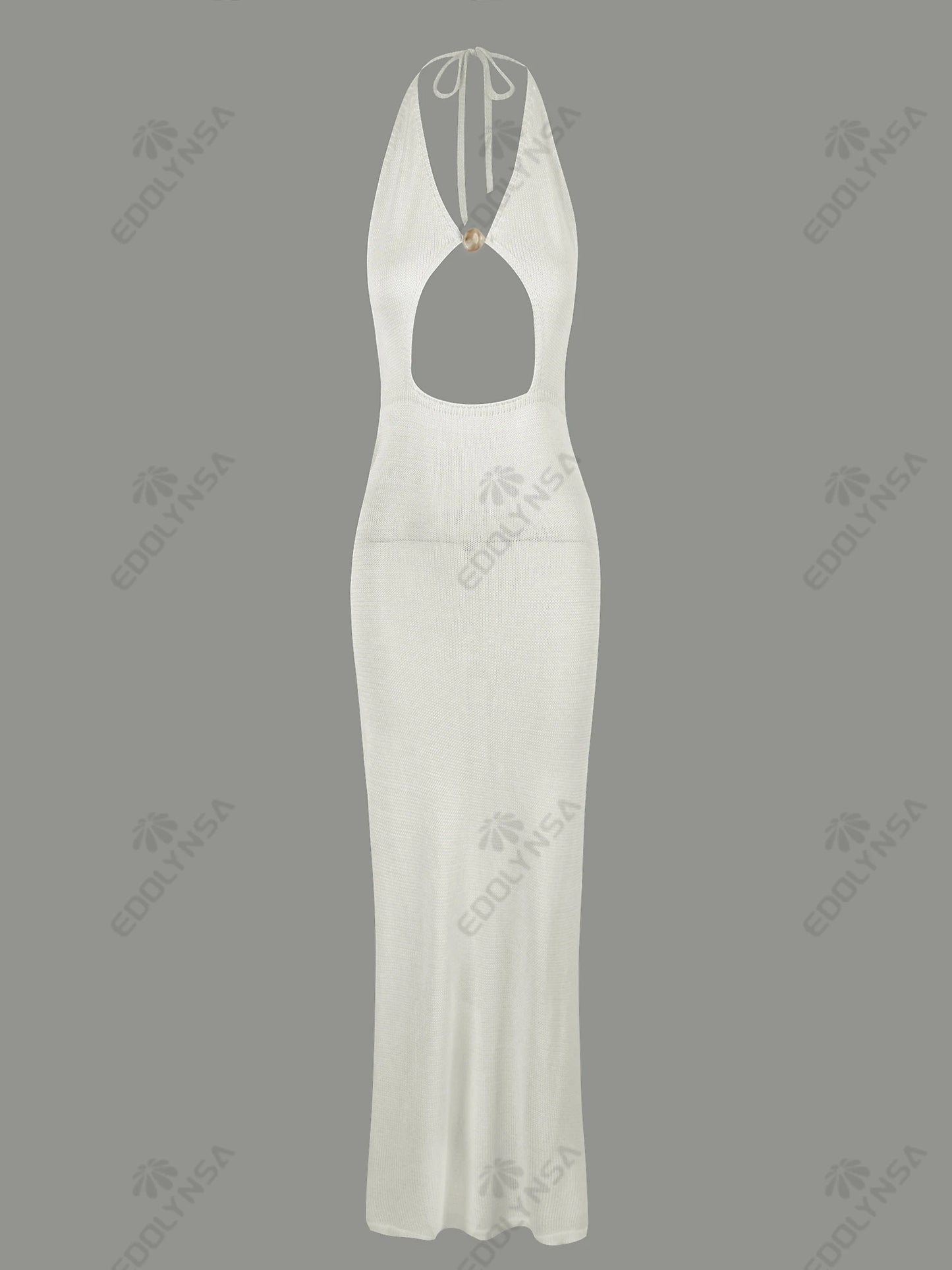 Sexy Knit Halter V Neck Slit Beach Maxi Dress For Women 2026 Chic Button Cut Out Backless Party Dresses Swimwear Cover Up A3151