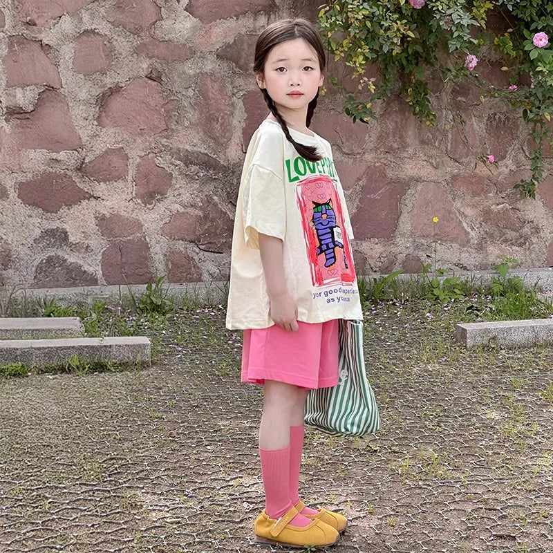 2026 New Children's casual Set Summer fashion girls' internet-famous sporty short-sleeved pants summer wear 4-14Years old girls