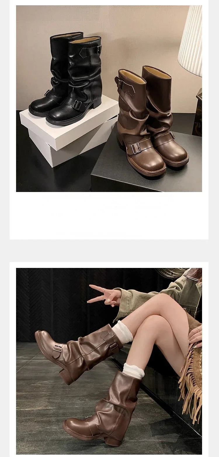 Pleated Buckle Knight Boots for Women Autumn Brown PU Leather Mid Calf Boots Woman Slip-On Thick Heel Riding 2024