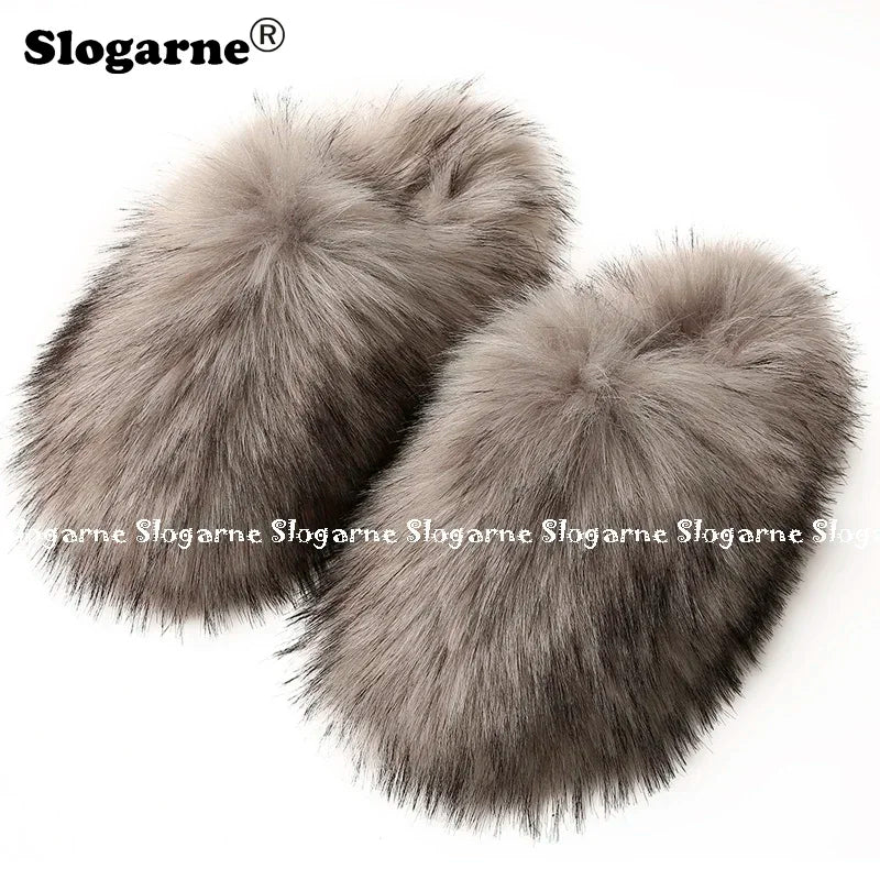 Ladies Winter High Quality Fox Fur Slippers Women Warm Fur Slides Girls Luxury Furry Slippers Soft Comfortable Home Cotton Shoes