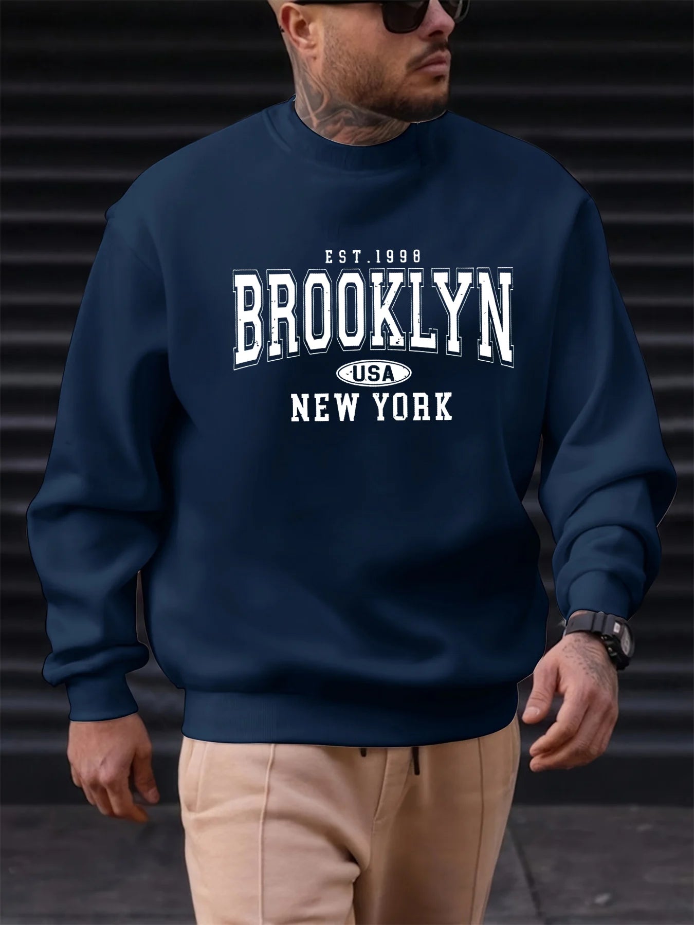 Men's autumn and winter fashionable casual loose Brooklyn letter pattern printed long sleeved round neck sweatshirt BAZAARHUBO