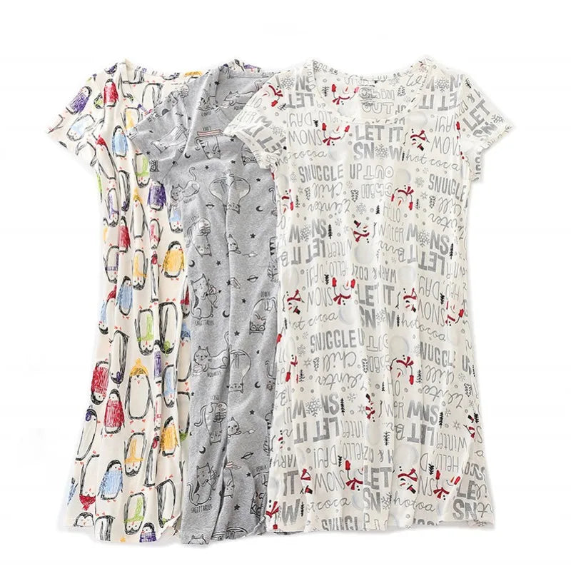 Summer Women Casual Cartoon Sleep Dress 100% Cotton Nightgown Plus Size Dresses Women Chemise de nuit Short Sleeve Home Dress