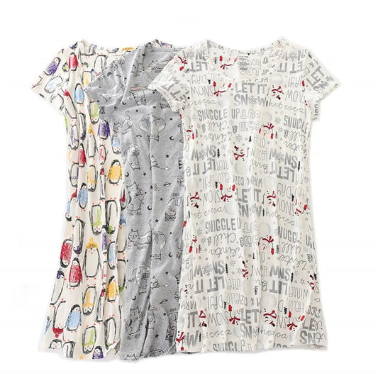 Summer Women Casual Cartoon Sleep Dress 100% Cotton Nightgown Plus Size Dresses Women Chemise de nuit Short Sleeve Home Dress