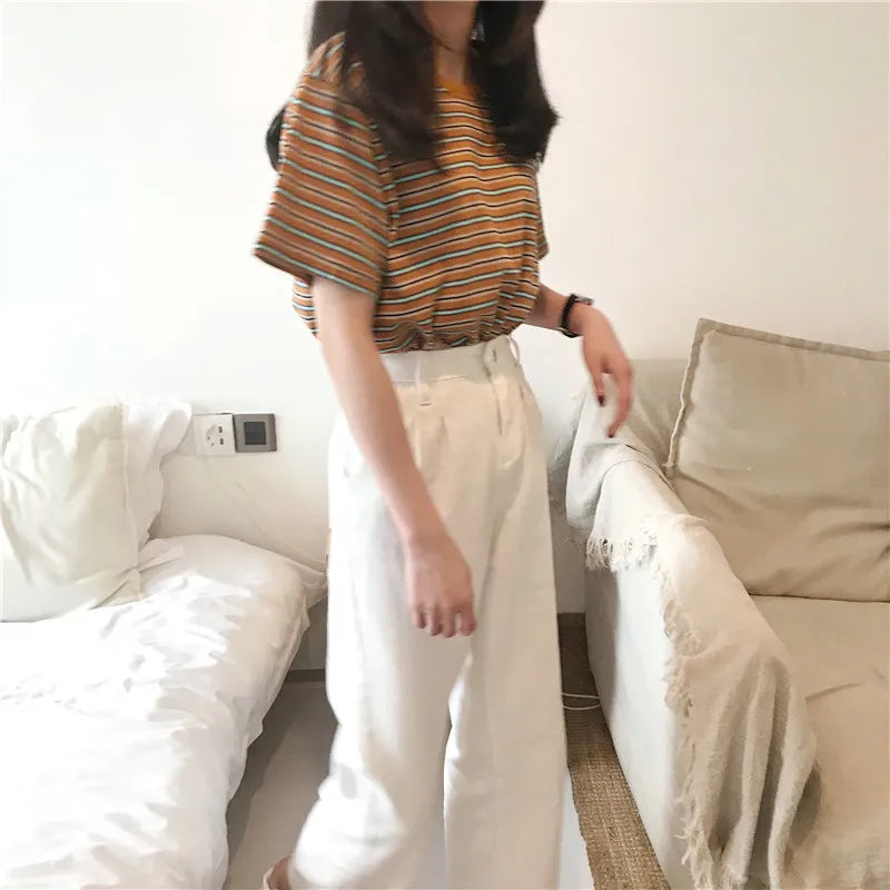 MRMT 2026 Brand New Women's Striped t-Shirts Contrast Color Striped Women t Shirt Loose Woman Bottoming Shirts Tops Tees