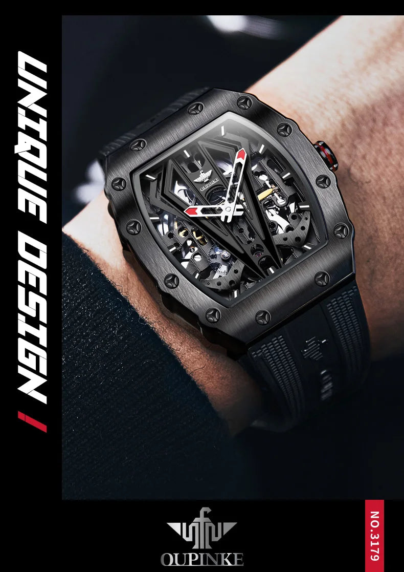 OUPINKE 3179 Automatic Watches for Man Silicone Strap Sapphire Mirror Waterproof Skeleton Tonneau Mechanical Men's Wristwatches
