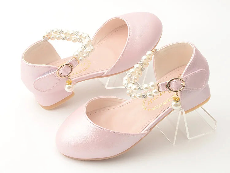 Pink Black White Party Wedding Shoes Children's High Heels Girl Shoe Elegan Pearl Princess Dress Girls Heel Shoes Child 2024 New