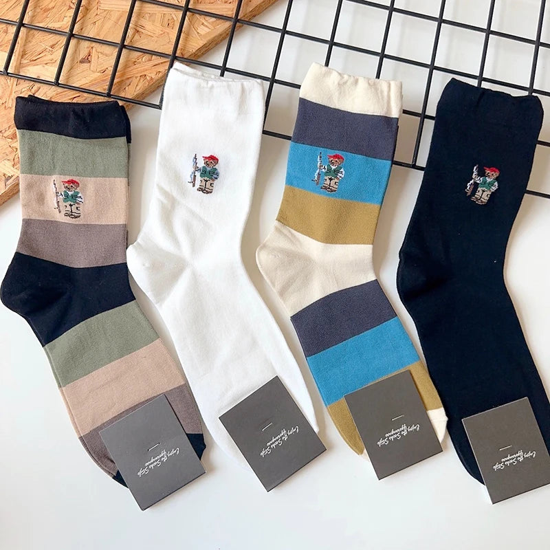 Good Quality Cartoon Gentleman Bear Men's Socks Cotton Harajuku Style Sport Boys Skateboard Novelty Breathable  Christmas Gifts