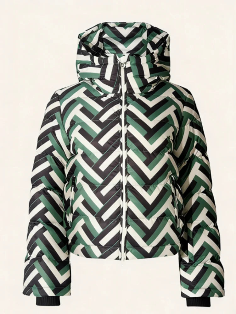 Bold Black And White Striped Green Ski Suit Long Sleeved Hooded Zipper Thick Jackets Warm Pant 2026 New Woman Outdoor Sportswear