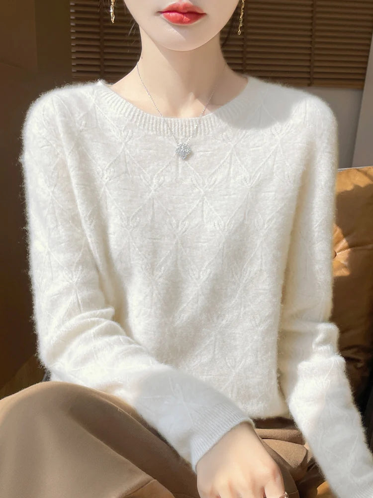 Women 100% Merino Wool Sweater Casual Hollow out Cashmere Blouse O-neck Pullover Tops Autumn Winter Warm Knit Woman Wool Sweater
