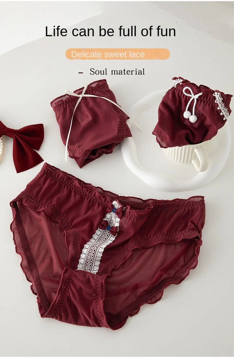 L-XL Women's Underwear Panty Sexy Lace Panties Bowknot Wine Red Brief Med Waist Seamless Underpants Female Lingerie Panties