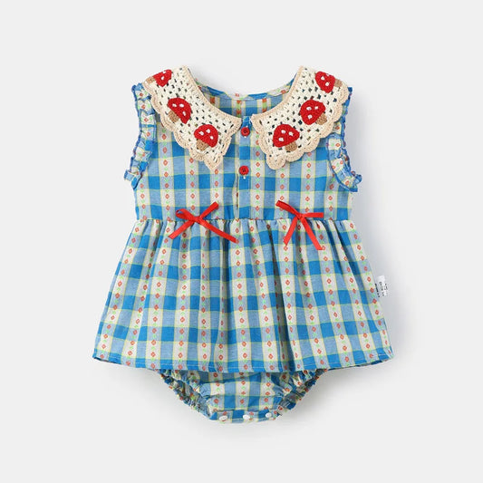 Babys Girls Rompers Bellbell Summer Infant Kids Girls Plaid Bodysuit Thin Mushroom Lace Collar Girls Onesies 0-2Y Girls Jumpsuit
