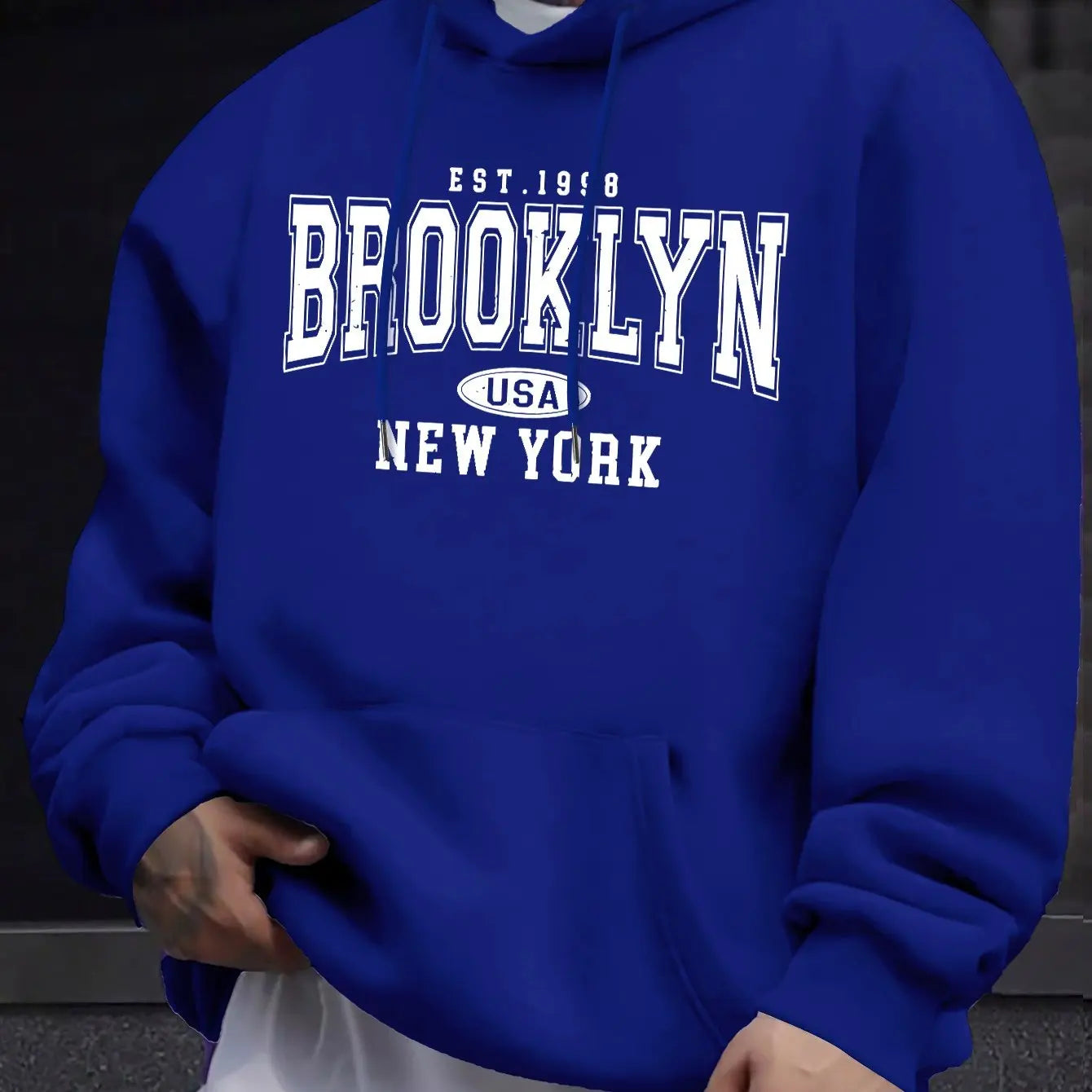 Men's autumn and winter casual fashion loose Brooklyn New York letter printed long sleeved hooded sweatshirt warm pullover BAZAARHUBO