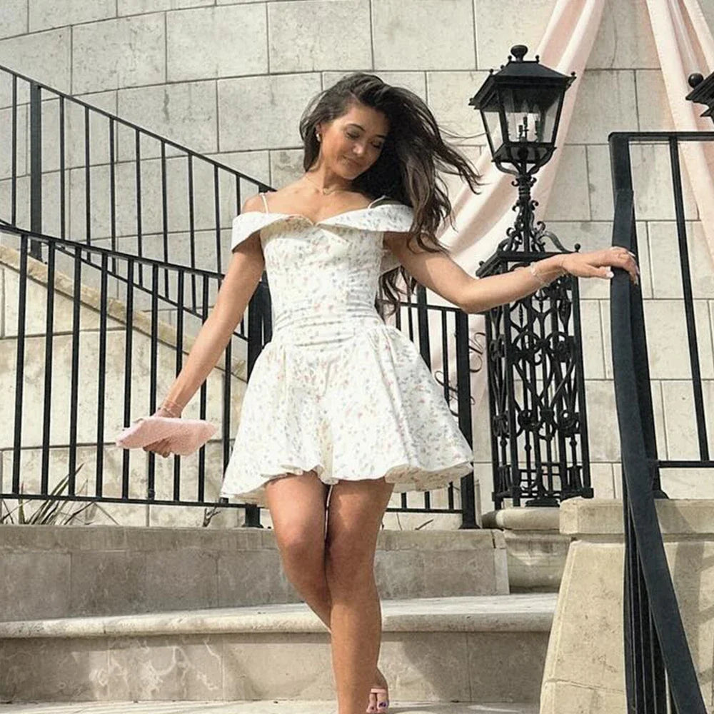 Mingmingxi Fashion Summer Dresses 2024 Floral Print Party Dresses Off The Shoulder Holiday Dress Elegant  A Line Women Clothing