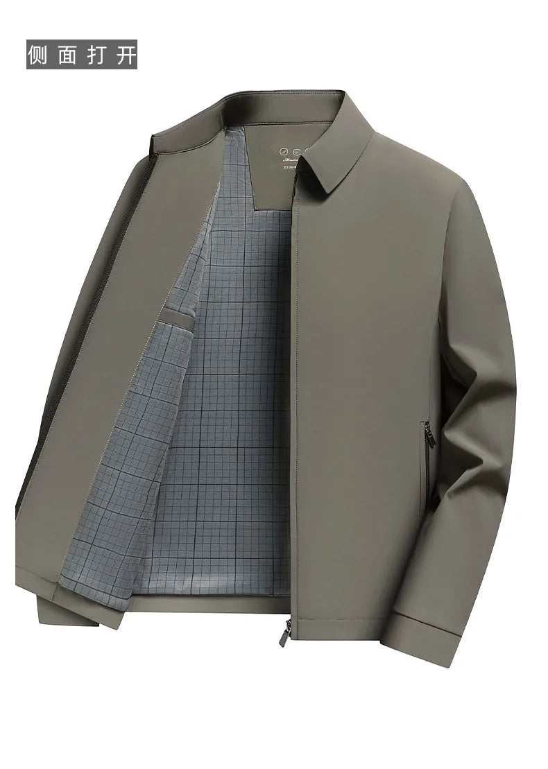2026 New Men's Spring Lapel Zip-Up Jacket Spandex Fabric Casual Business Outerwear Windproof Anti-Wrinkle Coat