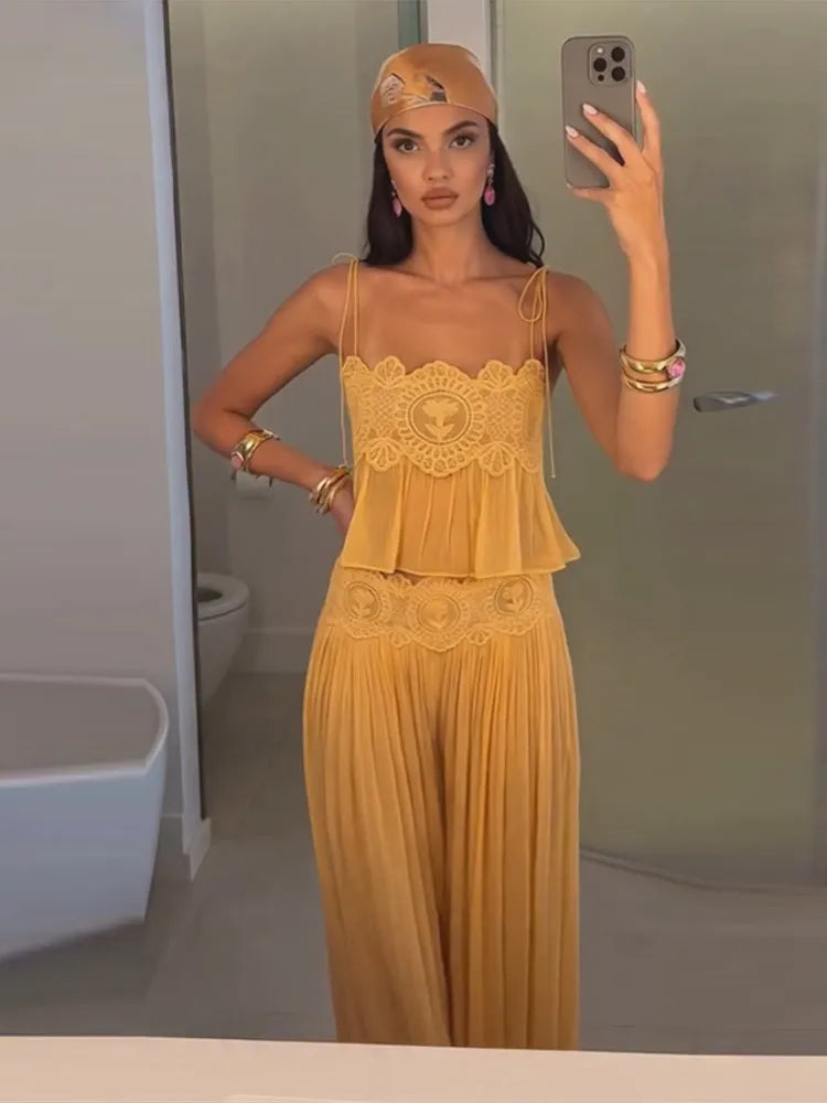 Women Pant Set Sheer Layers Spaghetti Strap Backless Lace Top Straps Solid Loose Straight Elastic Hem Fashion Beach Chic Suits