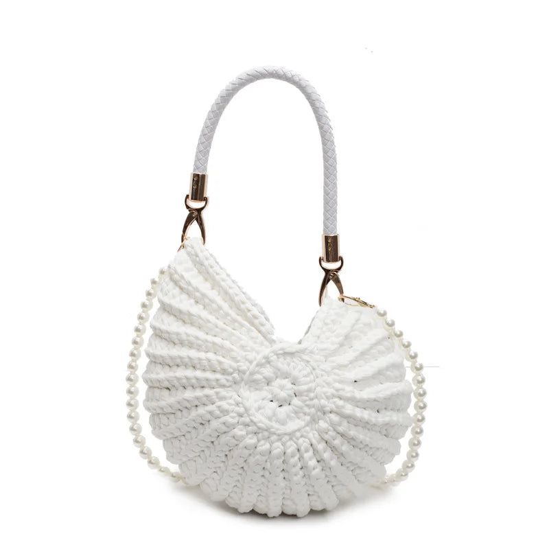 Creative Conch Shaped Crochet Women Shoulde Bags Funny Cute Pearls Chains Handmade Weave Crossbody Bag Novelty Small Handbags