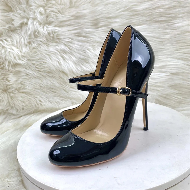 Round Toe Stiletto Shoes For Women Black Mary Jane Shoes 10CM 12CM Thin High Heels Spring Autumn Buckle Strap Fashion Sexy Pumps