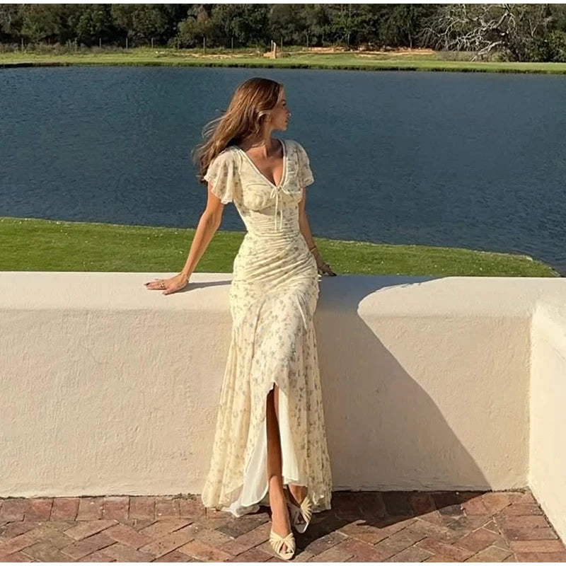Women Elegant Printed Fishtail Dress Sexy V-neck Short Sleeve Waist-cinching Pleated Slim Maxi Dresses 2026 Lady Vacation Robe