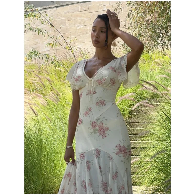 Chic Floral Puff Sleeve Women Maxi Dress Sexy V Neck Button Down Ruffle Slit Vestidos 2026 Summer New Lady Daily Party Sundress