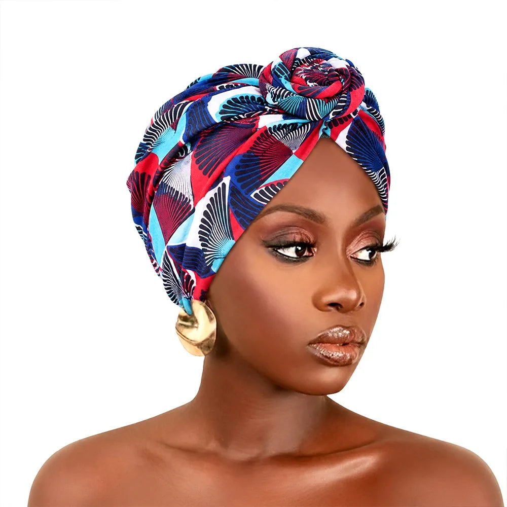 Fashion African Print Hijab Caps Pleated Wrap Twist Knot Turban Hat Elastic Knotted Style Floral Head Wrap All Match Decor
