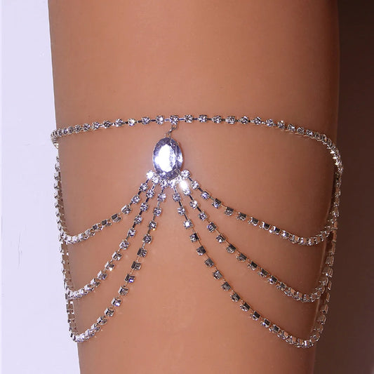 XSBODY Elastic Stratification Leg Chain Thigh Belt Jewelry Crystal Bikini Bodies for Women Body Chain Harness Festival Summer