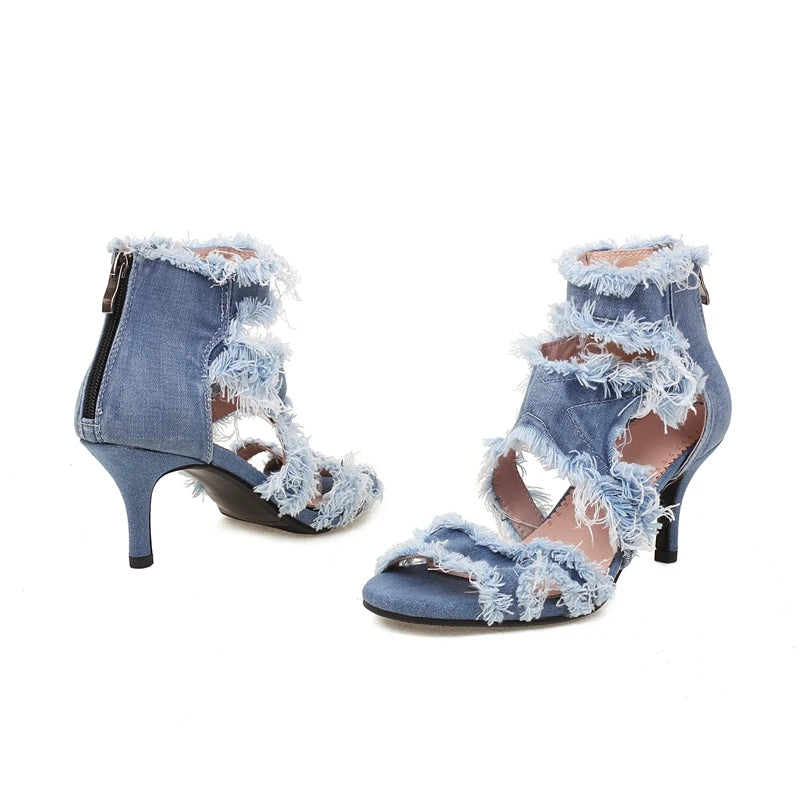 Women's New Summer Europe and America Open Toe Lace Edge Denim High Heel Large Bag Heel Zipper Roman Sandals 44 45 46