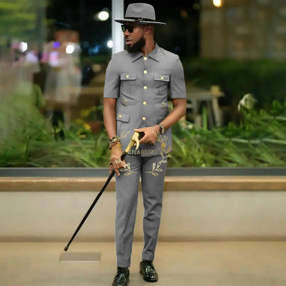 African Style Suits Men For Wedding Customized 2 Pieces Single Breasted Jacket Pants 2 Pieces Groom Tuxedos costume homme