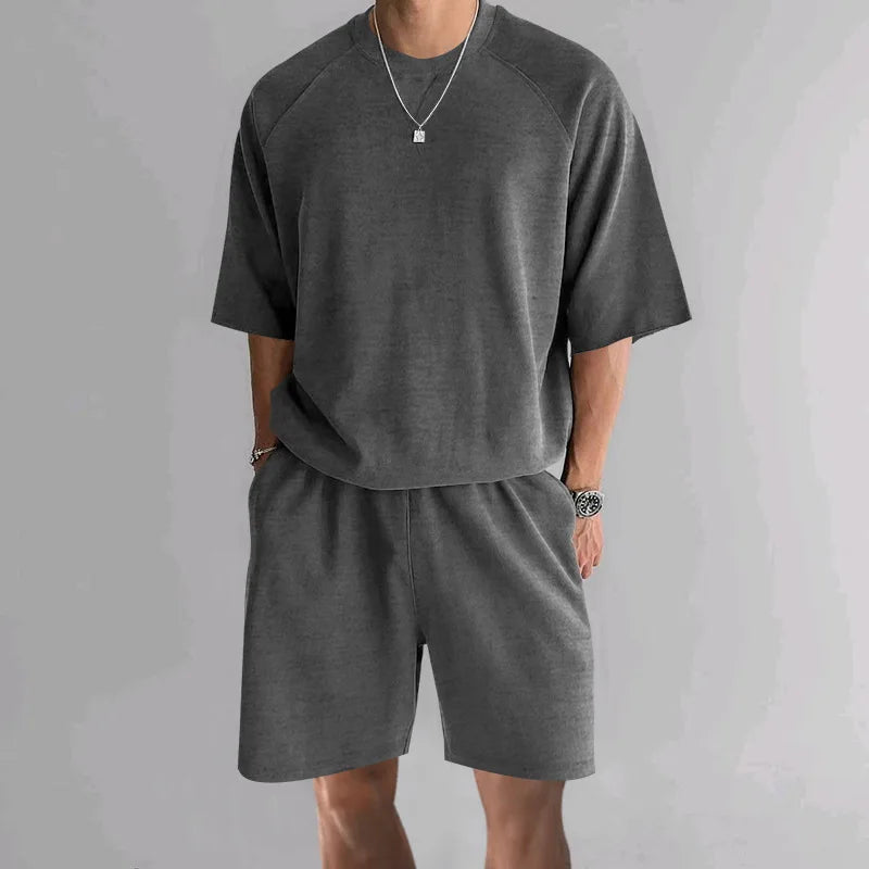 New 2026 Summer Men's Two Piece Sets Casual Loose Short Sleeve O Neck Tees and Shorts Tracksuits Men Stylish Solid Color Suits