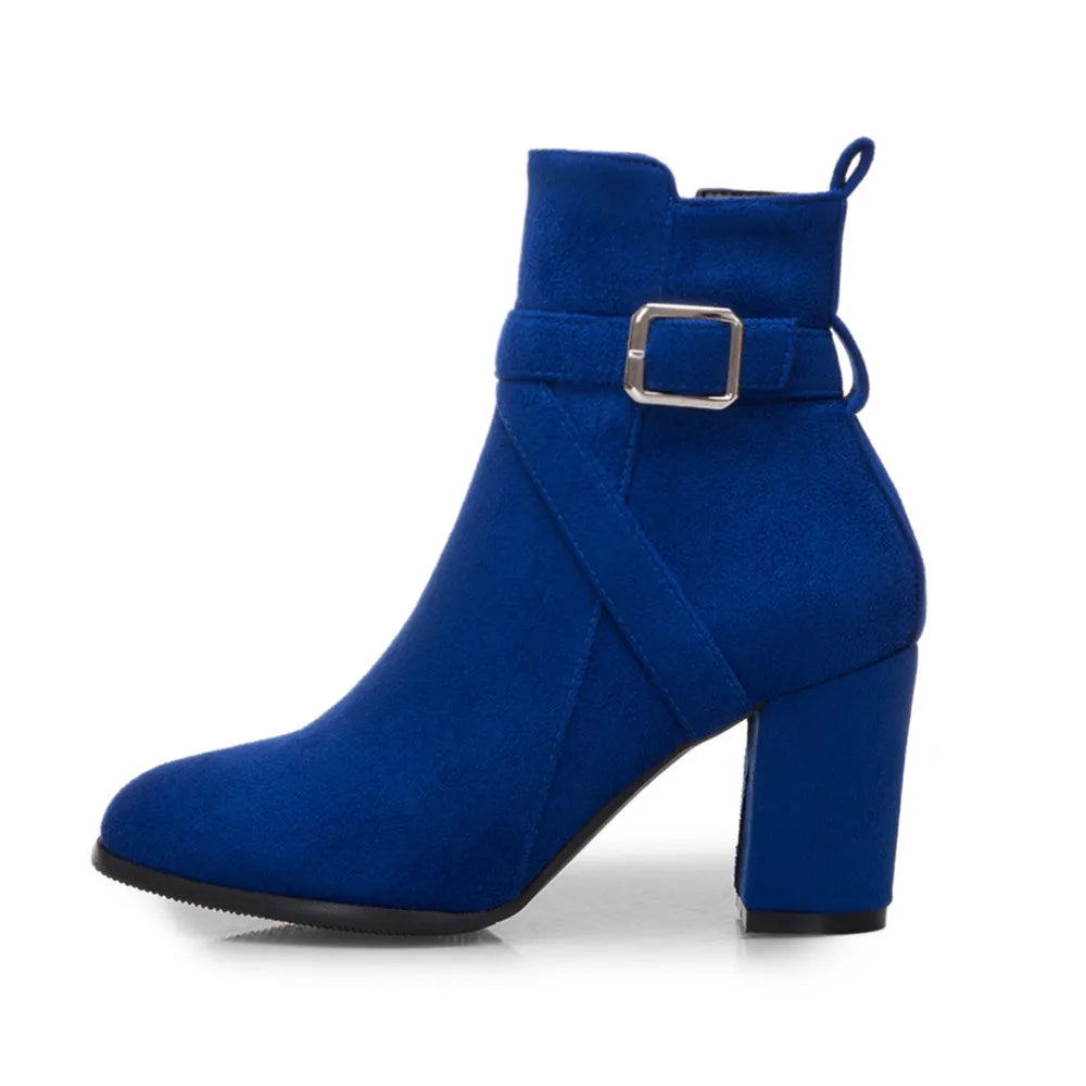 Women High Heels Ankle Boots 2025 Round Toe Elegant Short Booties Ladies Ankle Boots Buckle Decoration Black Blue Autumn Winter
