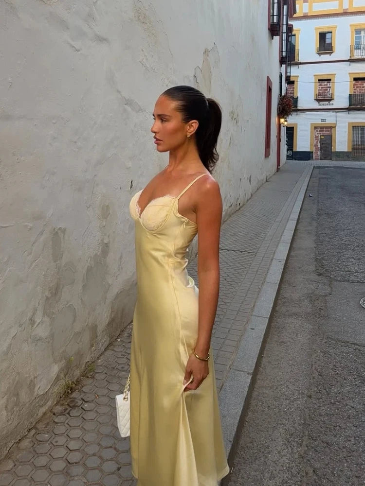 Satin Sexy Lace Spliced Maix Sling Dress Women Sleeveless Backless Yellow Vacation Vestidos 2026 Fashion Summer Lady Dresses﻿