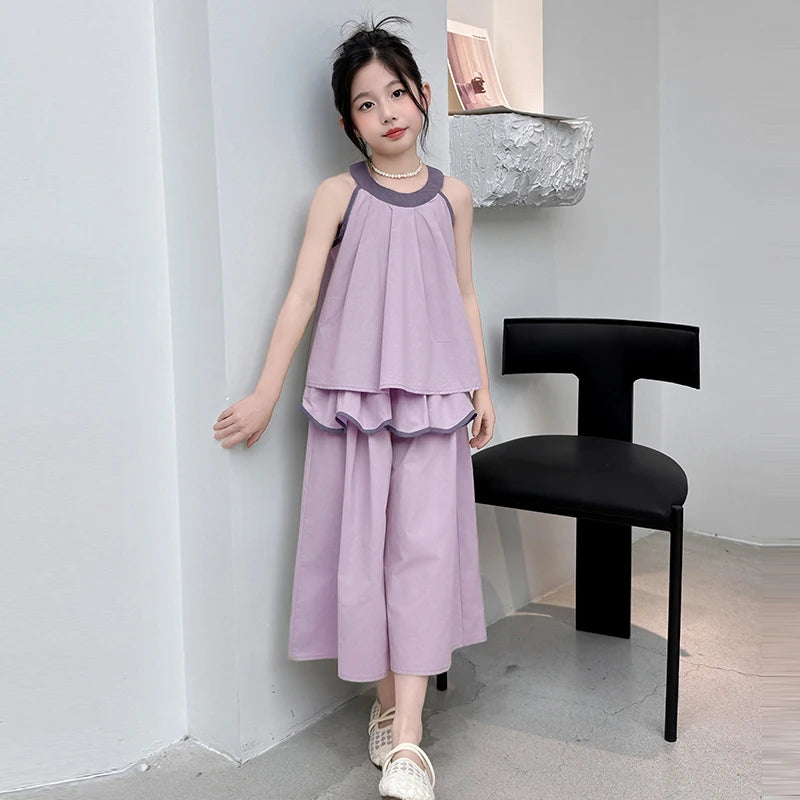 Girls Summer Casual Loose Skirt Pants Set Two Piece Outfit Big Kids Fashion Children's Clothing Set Comfortable