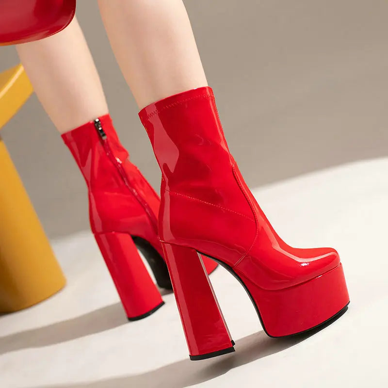 New Lacquer Leather Autumn and Winter Short Boots Women's Thick High Heels Sexy Short Tube Large Fashion Short Boots