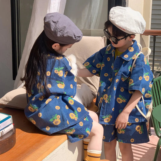 1-7 Years Girls Boys Casual Summer Print Flower Jeans Suit Baby Kids Children Soft Denim Clothing Set Blouse+ Shorts 2pcs