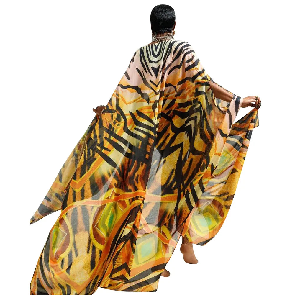 African Dresses for Women See-Through Chiffon Sexy V-neck Bohemian Printing Maxi Dresses Africa Kimono Bikini Holiday Beachwear