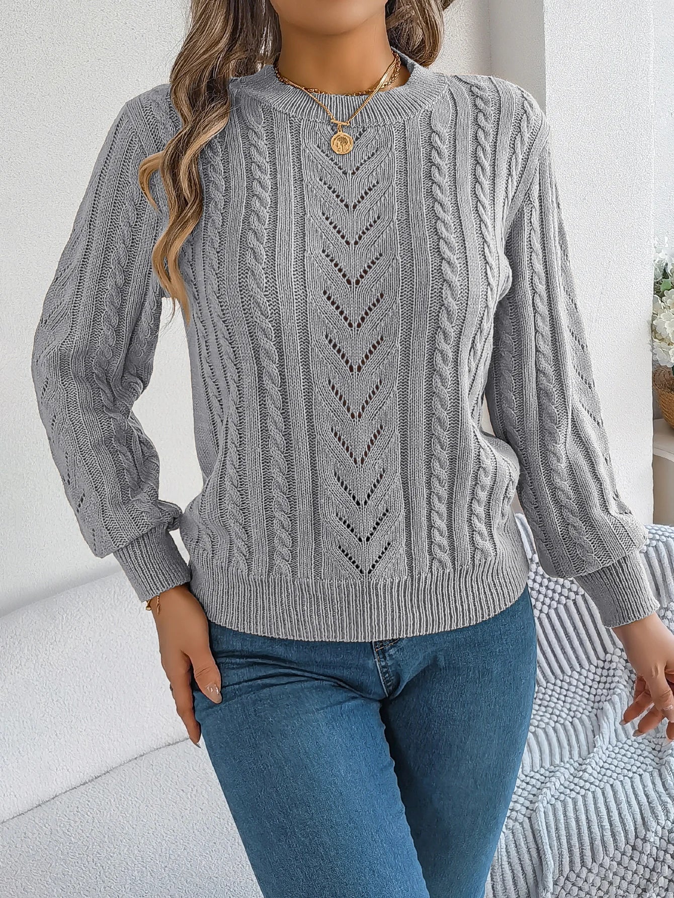 Autumn and Winter Casual Solid Color O-Neck Hollow Out Long Sleeved Pullover Sweater BAZAARHUBO