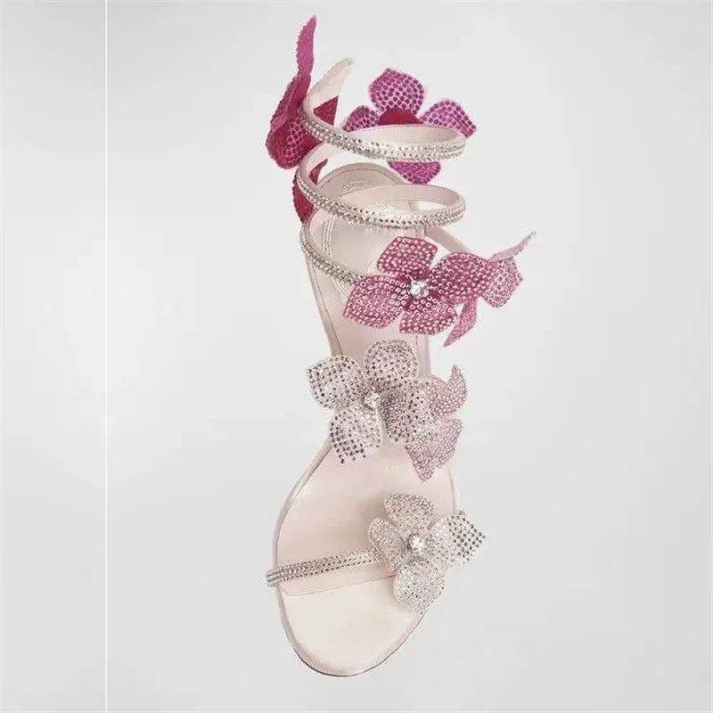Aneikeh Sexy CRYSTAL Flower Narrow Band Ankle Strap Sandals Woman Thin High Heels Street Style  Pole Dancing Ladies Shoes