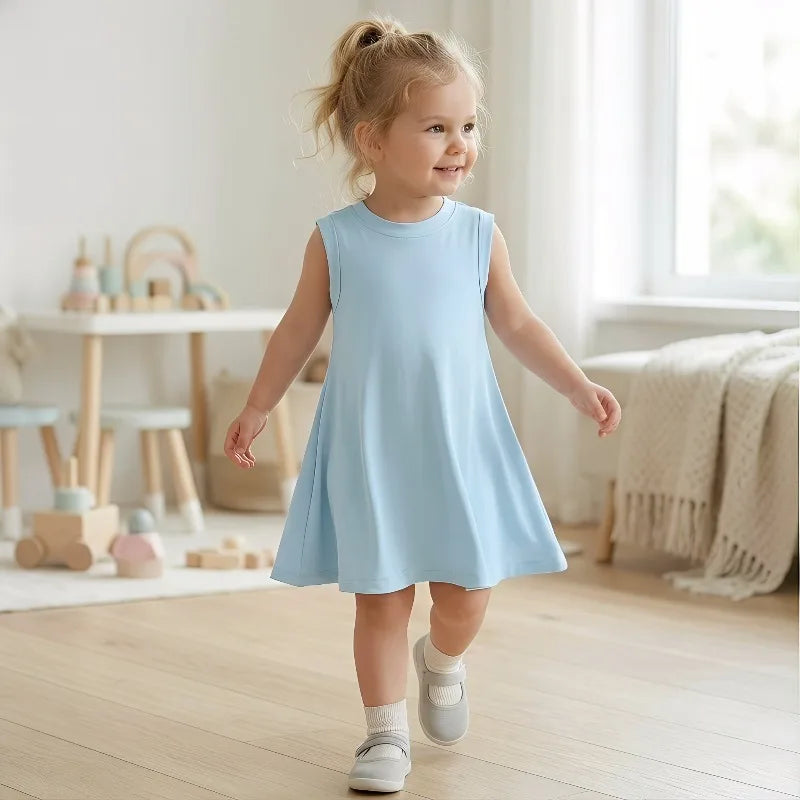 Summer Children Casual Dress Fashion Sky Blue Girls O Neck T Shirt Dresses Kids Outdoor Beach Clothes New Style Sleeveless Dres