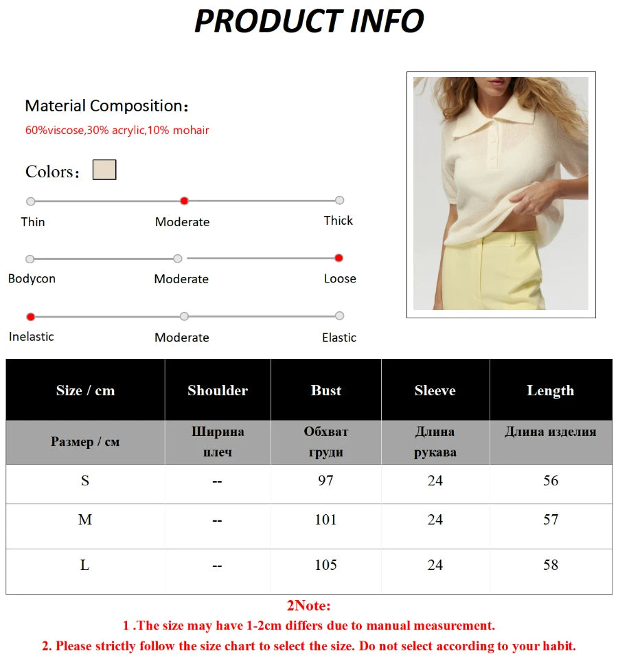 Bronladies Women's Polo Hollow Knitted Short Sleeved Sweater Spring Summer Bubble Sleeve T-shirt Female Simple Knitted Sweater