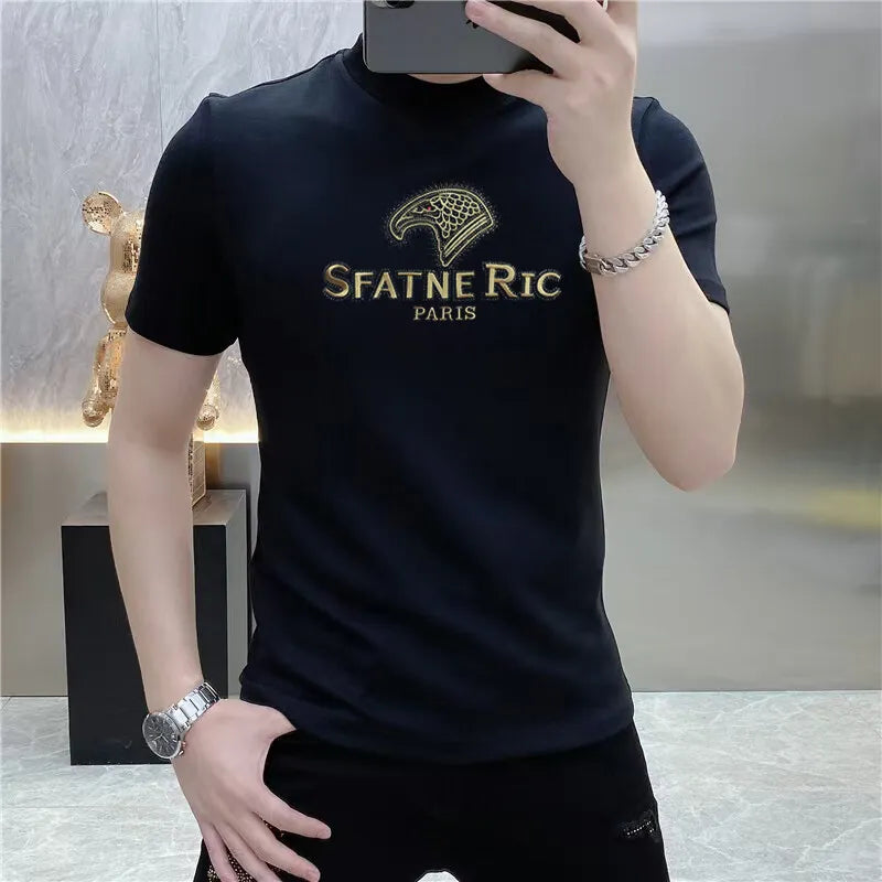 Luxury Rhinestone Summer Men's T-shirt Slim Fit Short Sleeve Casual T-shirt Male Round Neck Business Social Tee Top Men Clothing