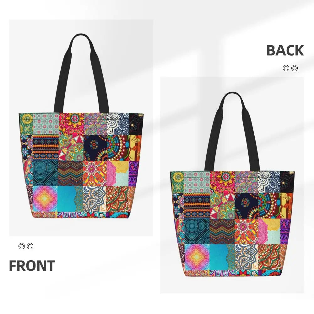African Ankara Prints Grocery Shopping Tote Bags Women Geometric Ethnic Art Canvas Shoulder Shopper Bags Big Capacity Handbag
