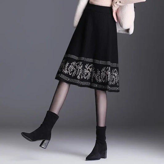 Fashion Elastic Printed Spliced Knitted Vintage Skirts Women's Clothing Spring New Loose Office Lady High Waist Skirts