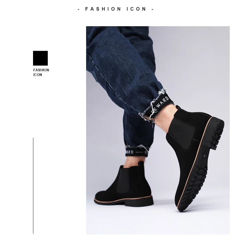 Fashion Men's Ankle Boot New Leather Men's Chelsea Boots Men Shoes Casual Black Sleeve Boots Outdoor High Top Wedding Shoes Male