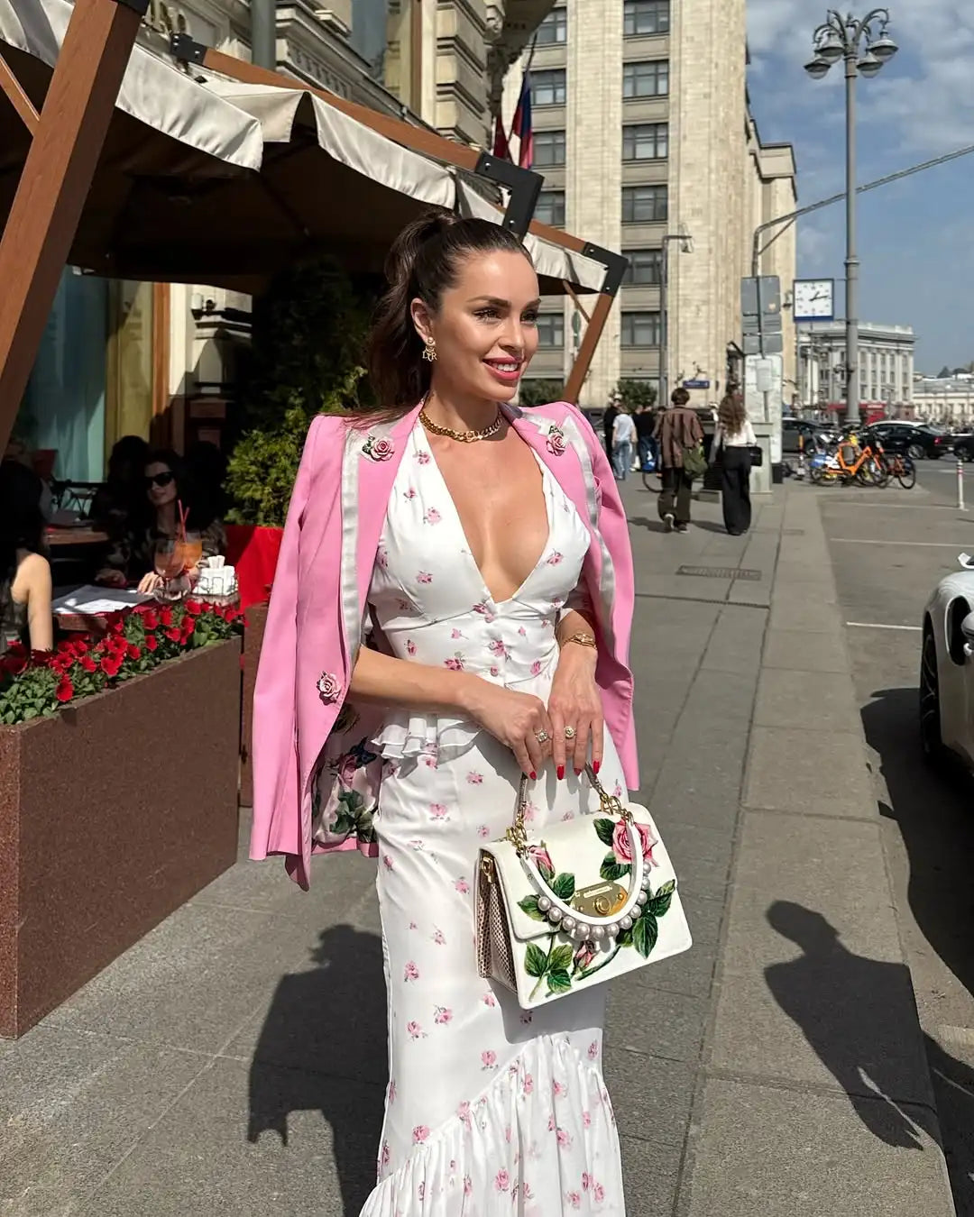 Women White Pink Floral Print Fishtail Skirt Set Chic V Neck Puff Sleeve Ruffle Button Crop Top Suit Elegant Lady Wedding Outfit