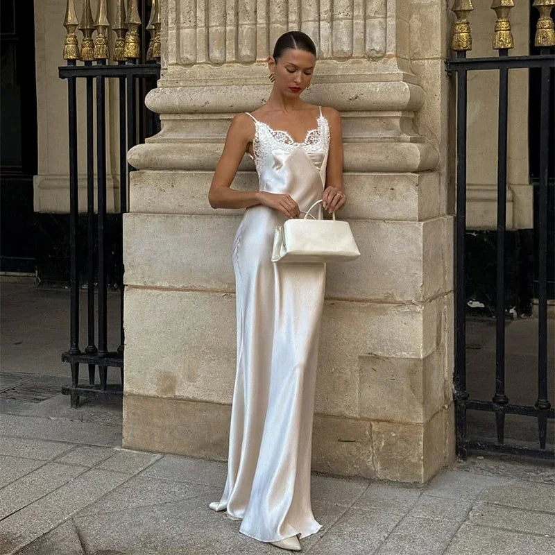 Women V-neck Satin Sling Maxi Dress Sexy White Lace Patchwork Sleeveless Backless Slim Gowns 2026 Evening Party Chic Dresses New
